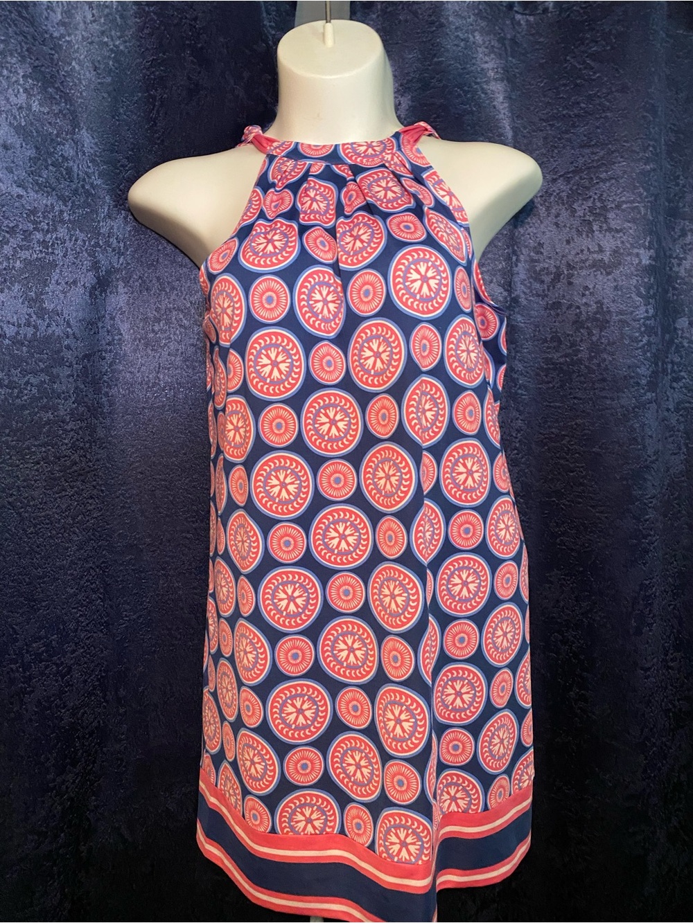 Mud Pie Navy & Pink Printed Halter Shift Dress Size Large Excellent Condition